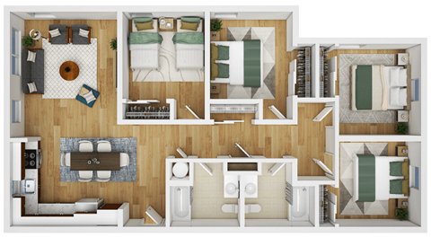 a 3d floor plan of a house with bedrooms and a living room